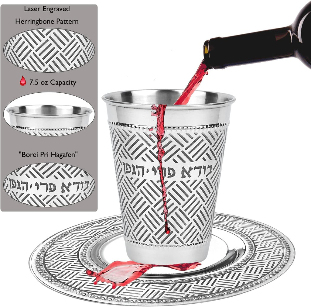 Passover Seder Stainless Steel Kiddush Cup Set 7.5 oz Shabbat Wine Cup & Saucer For Pesach, Rosh Hashanah and