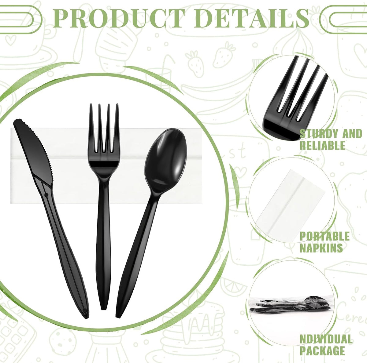100 Set Plastic Silverware Knife Fork Spoon Napkin, Black