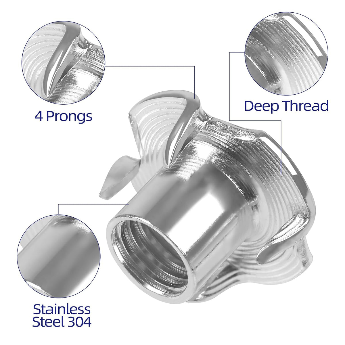 M8 T-Nuts 304 Stainless Steel, 4-Pronged Tee Nut for Wood, Rock Climbing Holds, Furniture, 50 PCS
