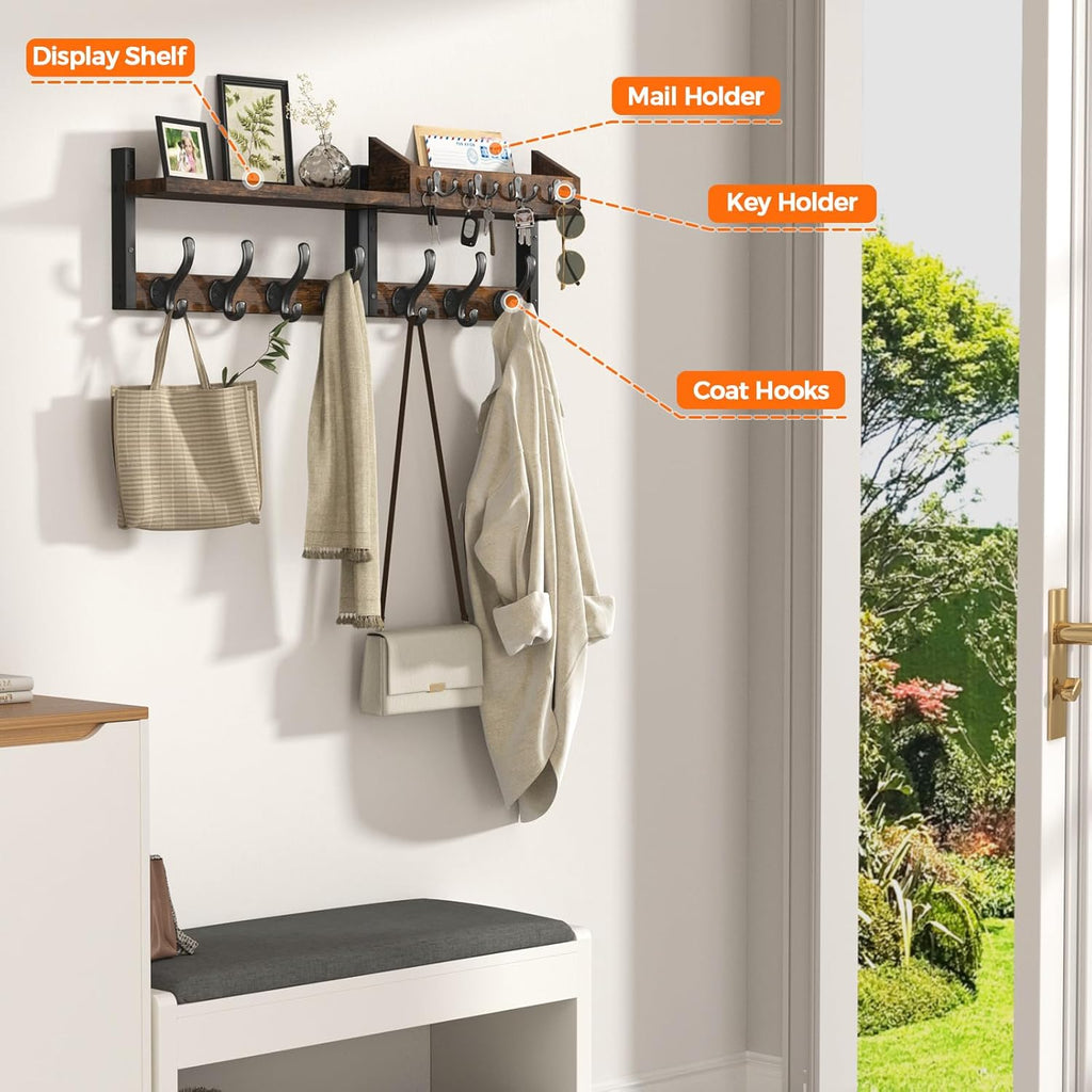 29" Coat Rack Wall Mount with Shelf, 4 in 1 Coat and Key Hanger with 11 Metal Hooks, Entryway Wall Mounted Shelf with