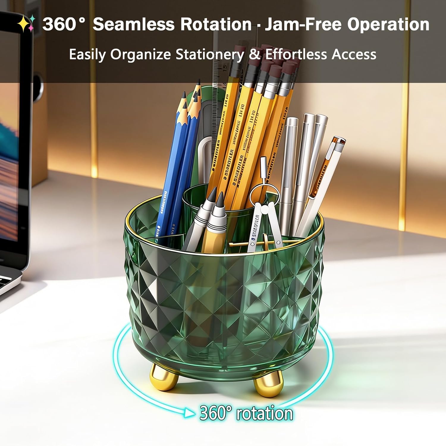 Dark Green Pen Pencil Holder for Desk, 360° Rotating Pen Organizer, Green Office Supplies, Cute Pen Holder