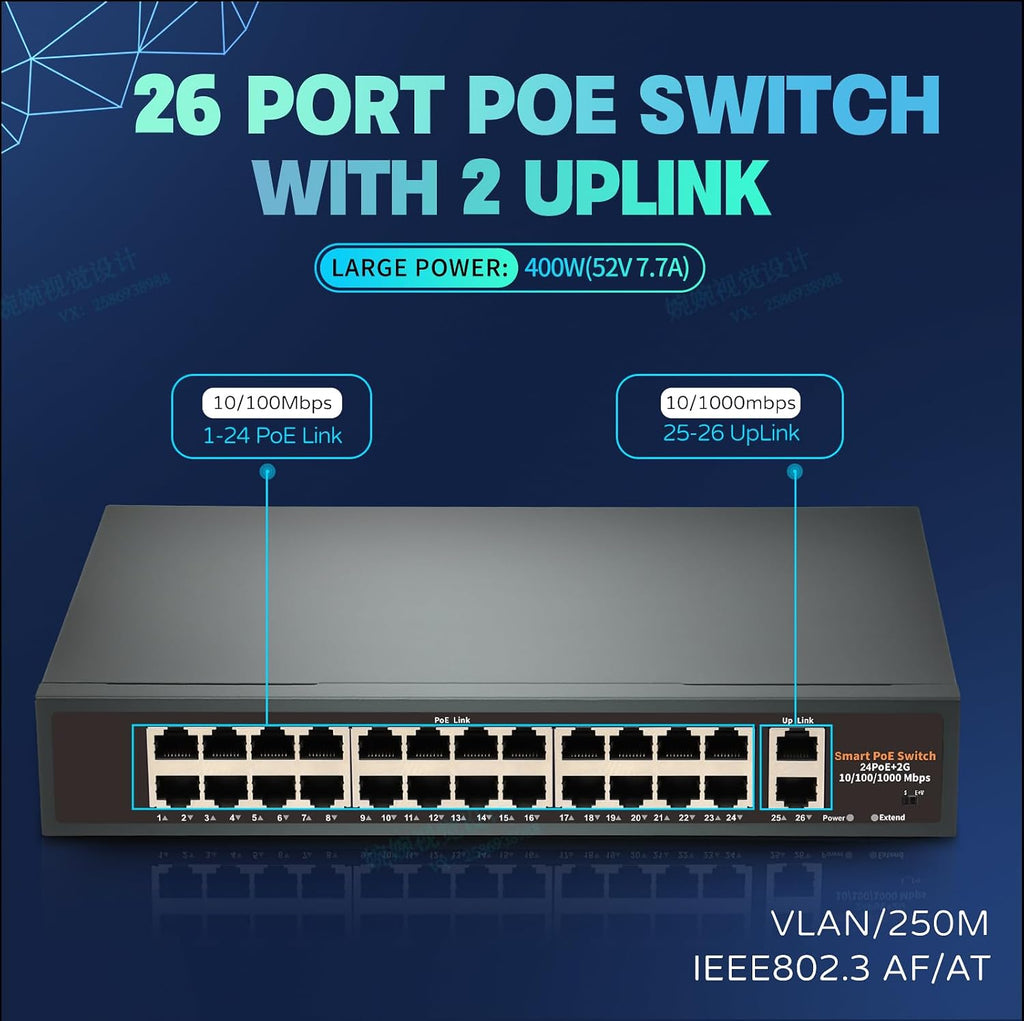 24-Port Unmanaged Gigabit PoE+ Switch with 2 Gigabit Uplink Ports, Up to 400W, IEEE 802.3af/at Compliant, VLAN