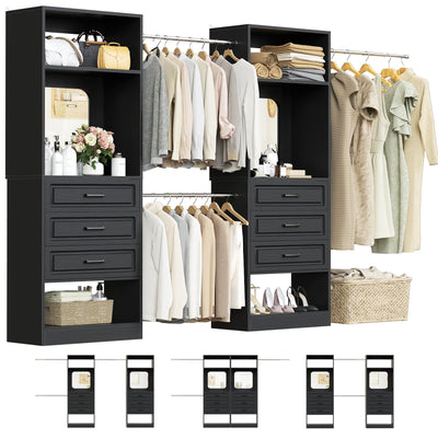 6-14FT Wood Closet System with 6 Drawers and Mirror, Black