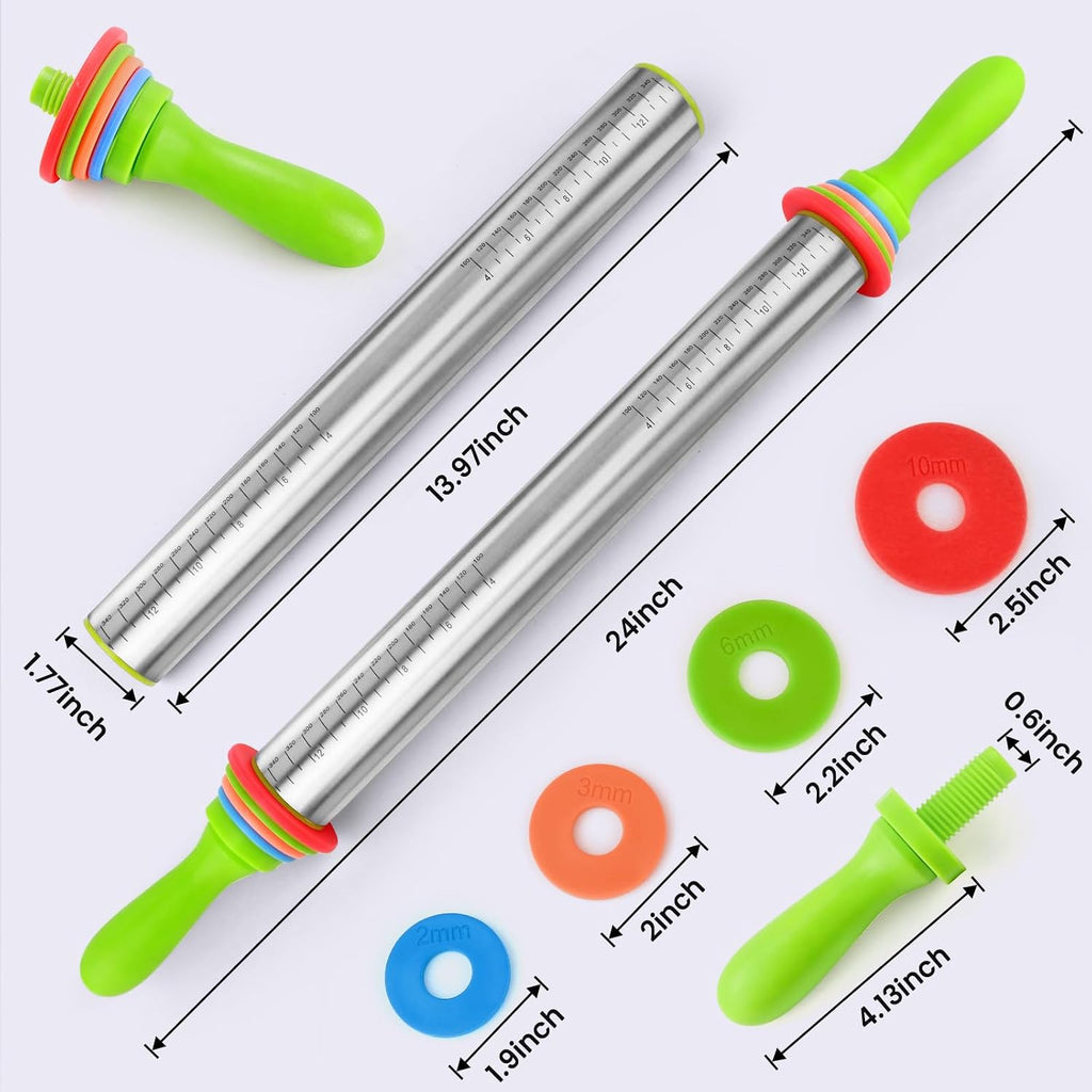 Stainless Steel Dough Roller Pins with Handle for Baking, Adjustable Rolling Pin with Thickness Rings for Cookie