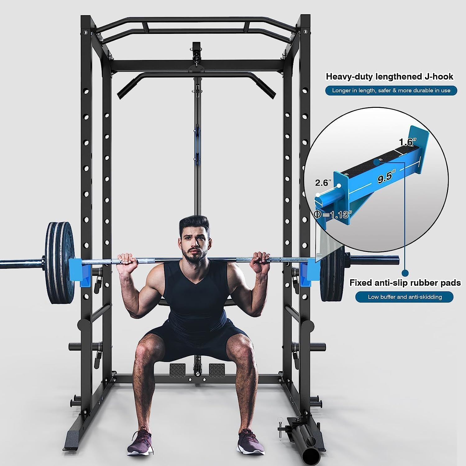 Power Cage, Multi-Functional Power Rack with J-Hooks, Dip Handles, Landmine Attachment and Optional Cable Pulley