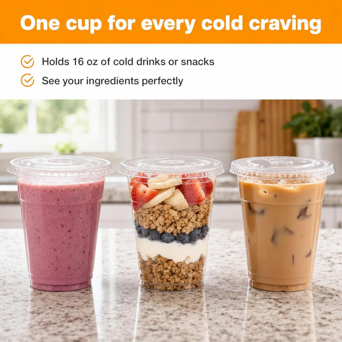 Plastic Cups with Flat Lids 100 Sets 16 oz, Clear Crystal drink cups with lids