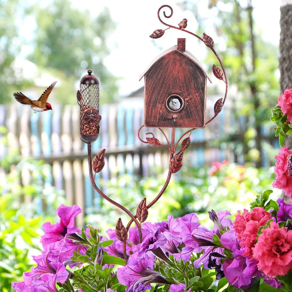 49" Bird Houses for Outside with Pole, Outdoor Metal Birdhouse with Mesh Feeder for Patio, Yard, Garden(Antique Bronze)