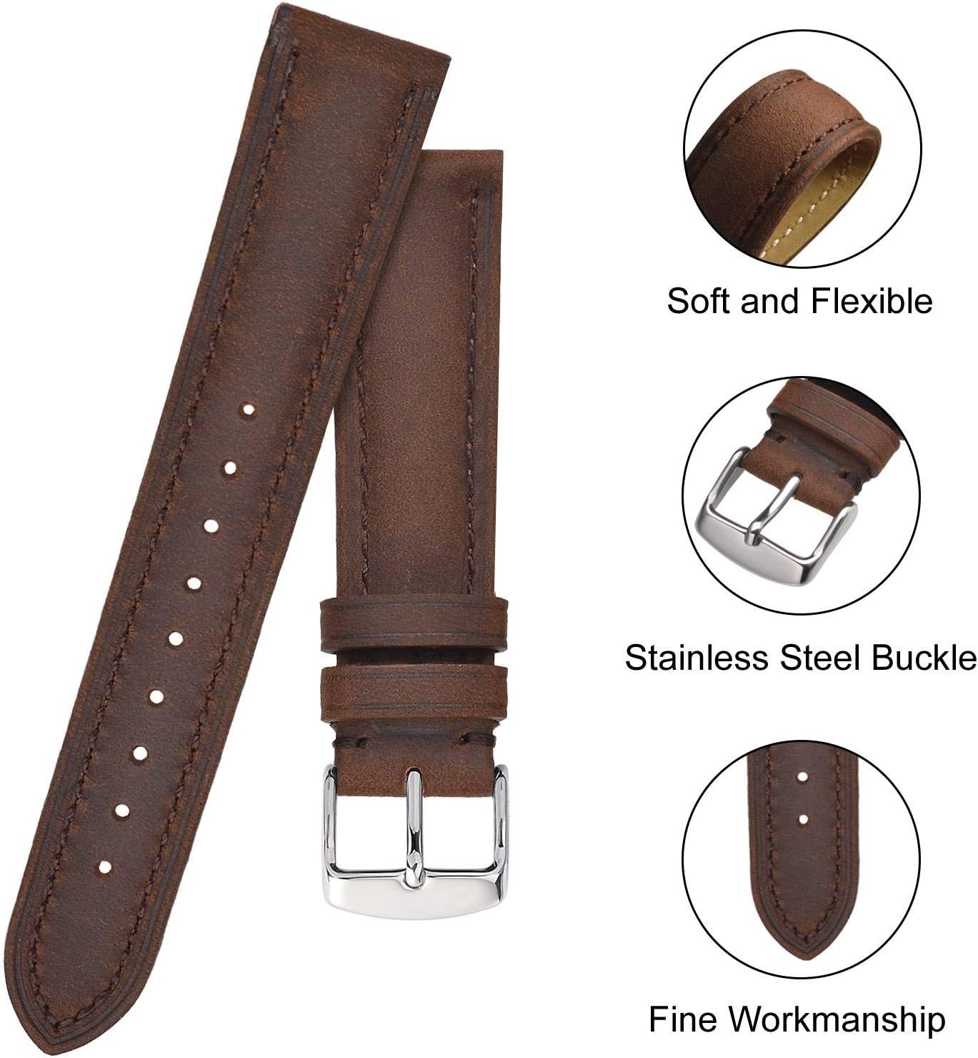 Watch Strap, Vintage Leather Replacement Bracelet, Band Width-14mm 15mm 16mm 17mm 18mm 19mm 20mm 21mm 22mm 23mm 24mm