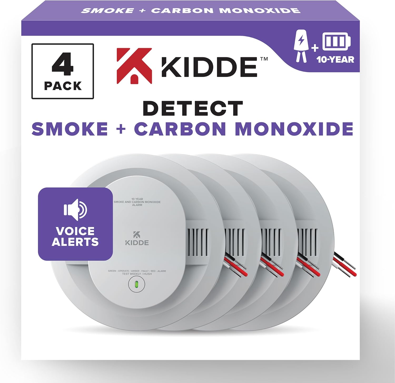 Hardwired Smoke & Carbon Monoxide Detector, 10-Year Battery Backup, Voice Alerts, Interconnectable LED Warning Light
