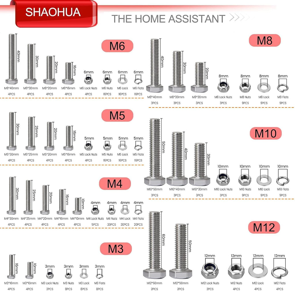 M3/M4/M5/M6/M8/M10/M12 Metric Bolt Assortment Kit, 304 Stainless Steel Heavy Duty Flat Hex Head Screws Bolts and Nuts