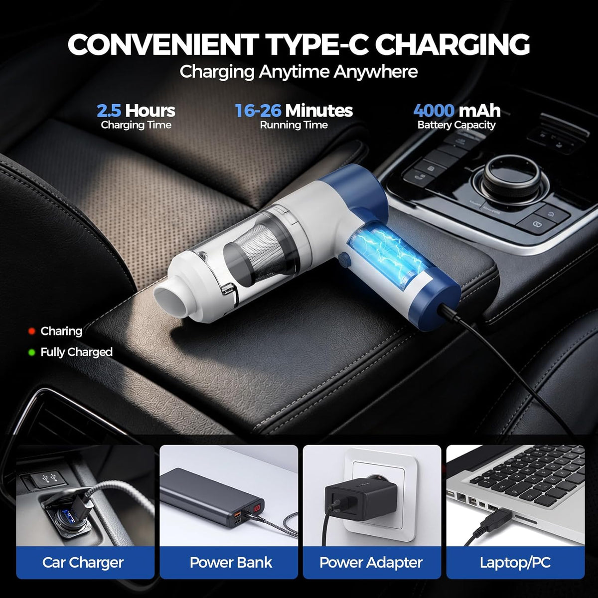 Car Vacuum/Air Duster Portable Cordless - 16000PA High Power Handheld Vacuum with 85,000RPM Brushless Motor, 4-in-1