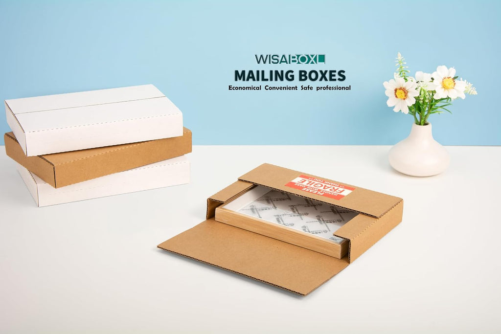 9x6x1.3 inch Shipping Boxes with Fragile Stickers, Brown, 25-Pack