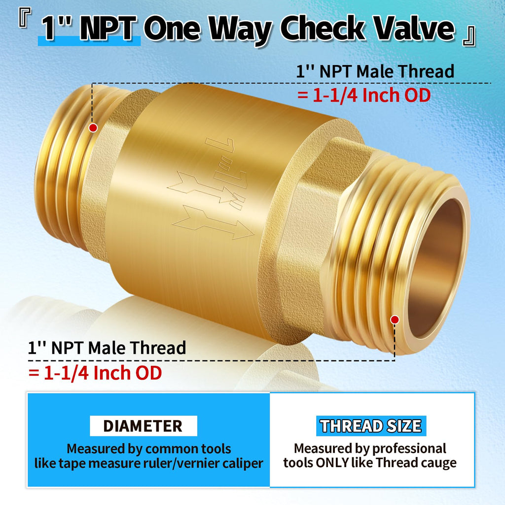 Solid Brass Spring Check Valve 1" NPT Male, Non Return Backflow Valve