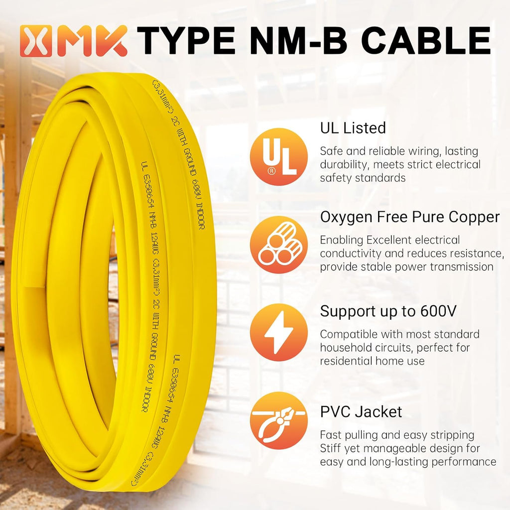 XMK Solid Indoor 12/2 W/G NMB Cable,Electric Wire 12 Guage 2 Conductor,10ft