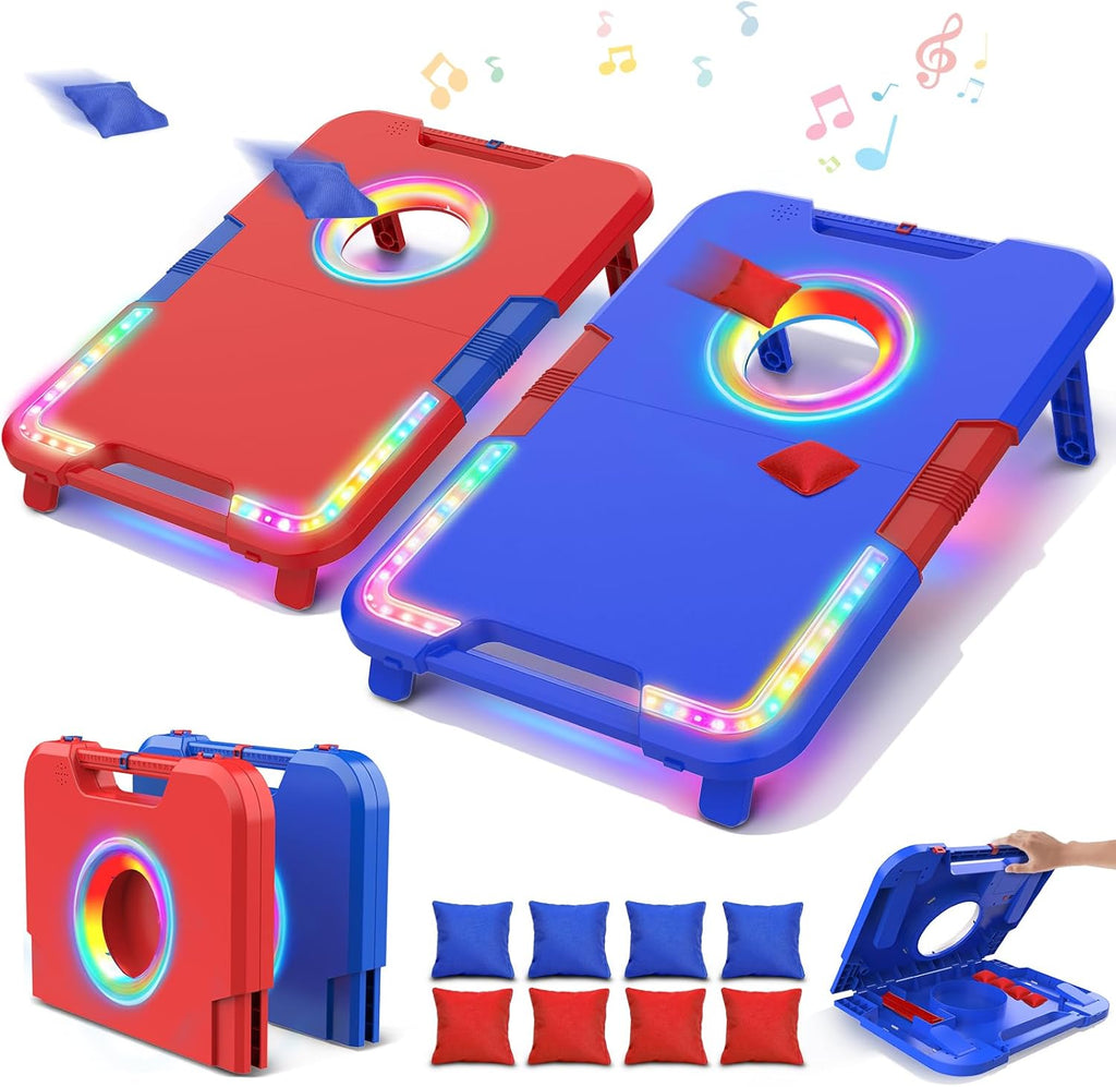 Portable Cornhole Board Set with LED Lights, Scoring & Sound Effects | 2 Foldable Boards & 8 Bean Bags for Backyard