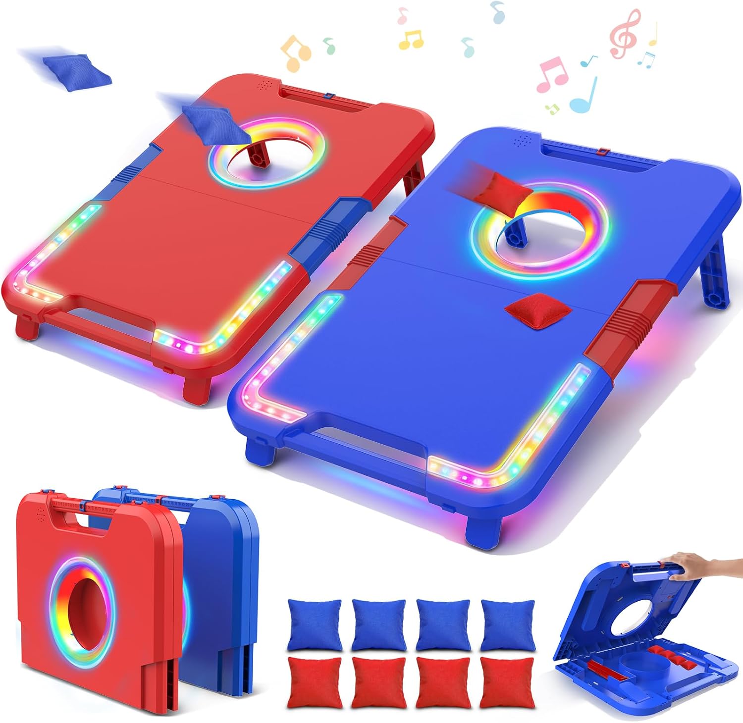 Portable Cornhole Board Set with LED Lights, Scoring & Sound Effects | 2 Foldable Boards & 8 Bean Bags for Backyard