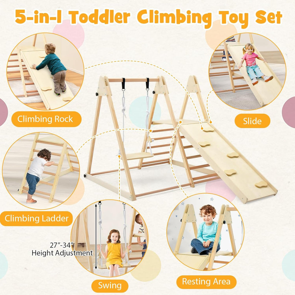 Kids Indoor Jungle Gym, Large 5-in-1 Playground Climber Playset with Baby Swing, Slide Ramp, Ladder & Climbing Wall