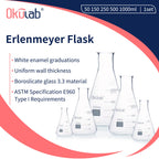 Conical Flask Set, Glass Erlenmeyer Flask Set, Include Vol.50.150.250.500.1000ml, Borosilicate Glass 3.3, with