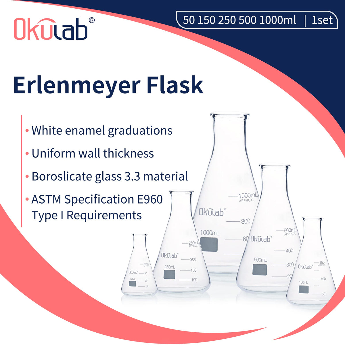 Conical Flask Set, Glass Erlenmeyer Flask Set, Include Vol.50.150.250.500.1000ml, Borosilicate Glass 3.3, with