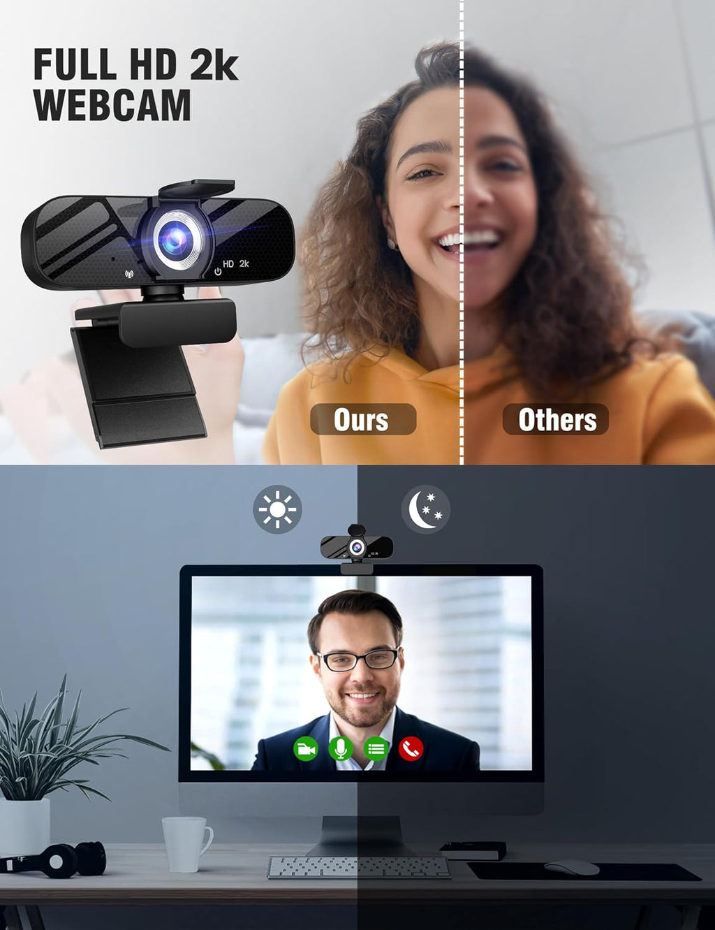 Full HD Webcam with Built-in Microphone and Rotatable Tripod, 2K Video and Wide Angle Camera, Privacy Cover