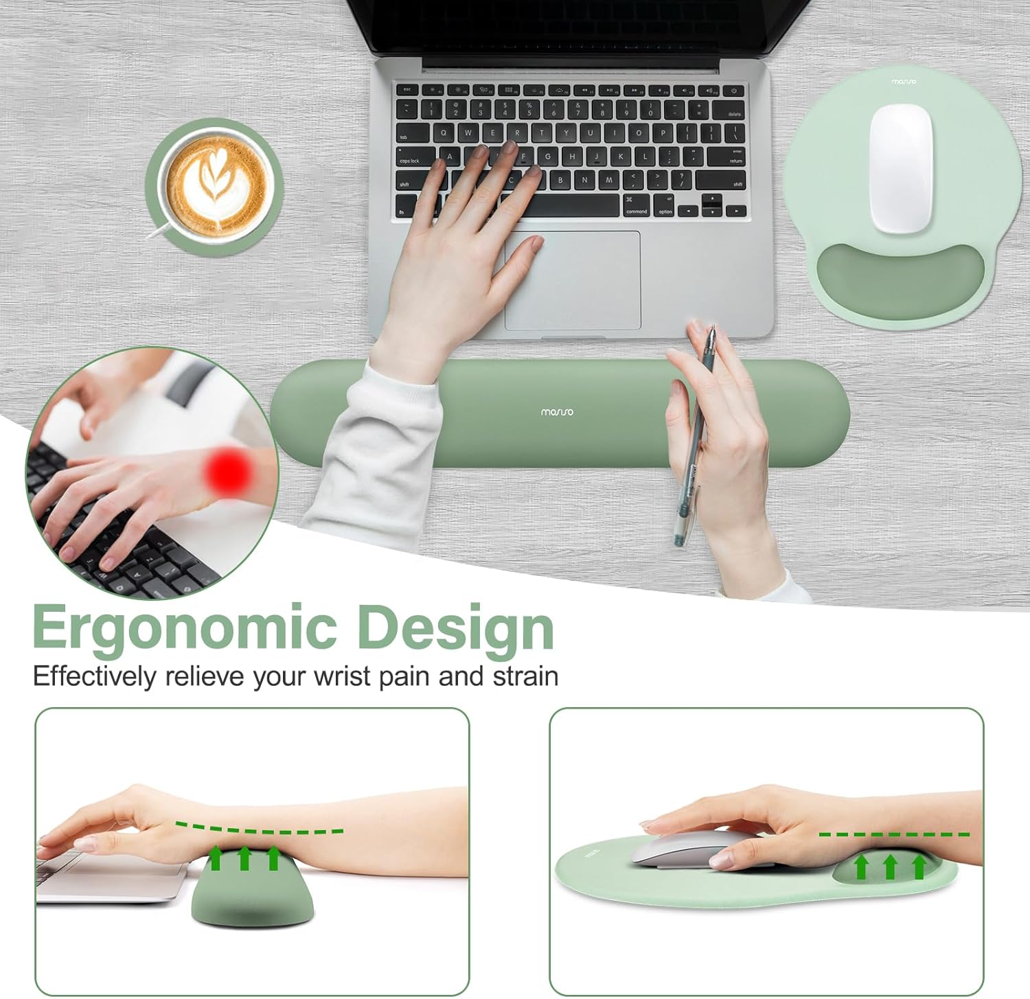 Wrist Rest Support for Mouse Pad&Keyboard Set, Antique Green | Circle Curved Ergonomic Mousepad Non-Slip Base