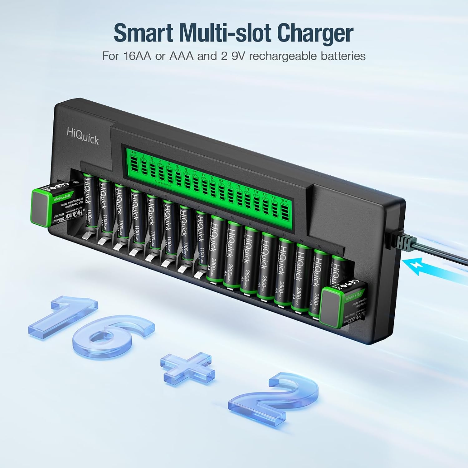 16+2 Bay Battery Charger, Fast Charge for AA AAA 9V NiMH/NiCD, LCD | Charge up to 16 AA/AAA & 2 9V batteries at once，
