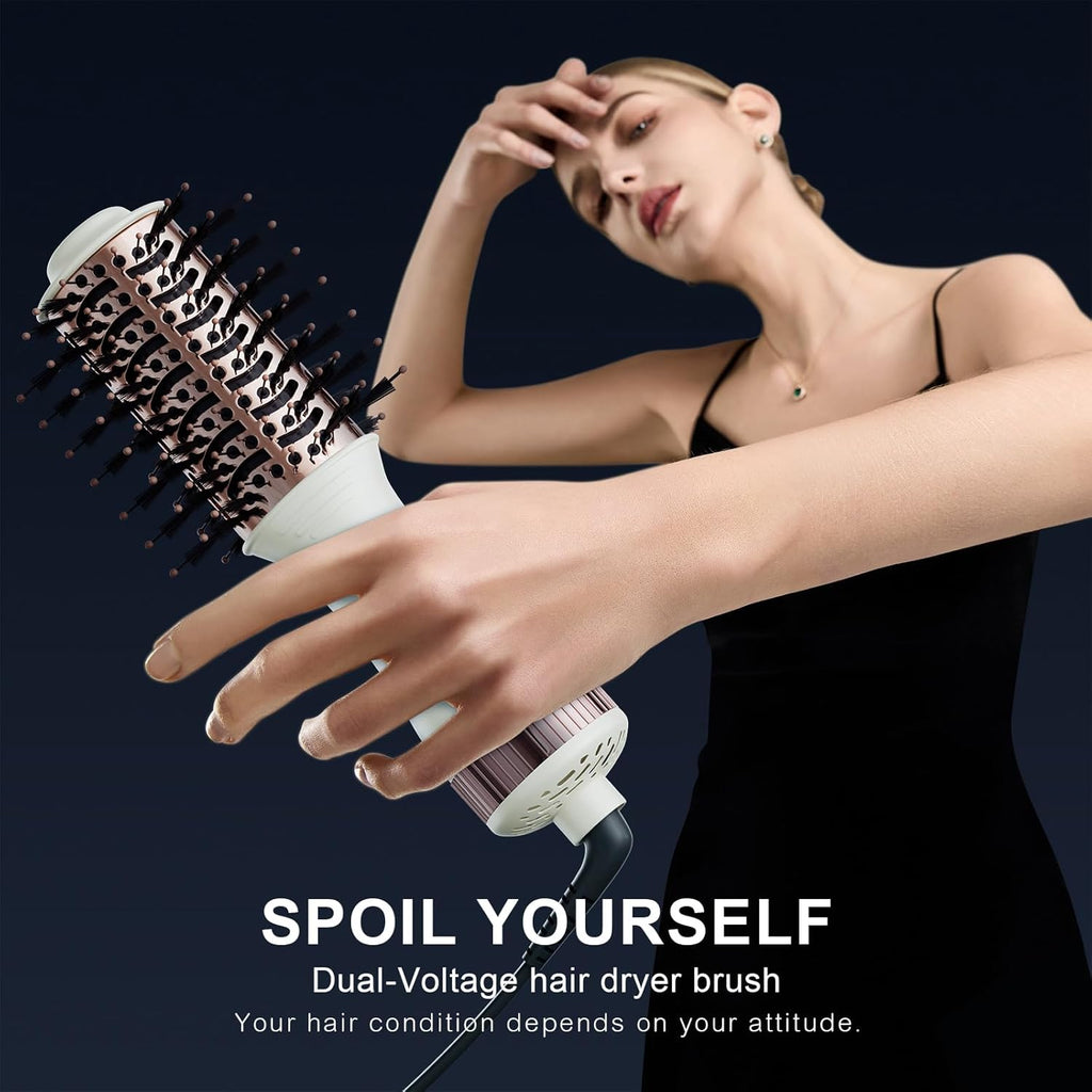 Travel Dual Voltage Hair Dryer Brush 4-IN-1 Portable Mini Hot Air Blow Dryer Straightener & Curler Brush, Titanium