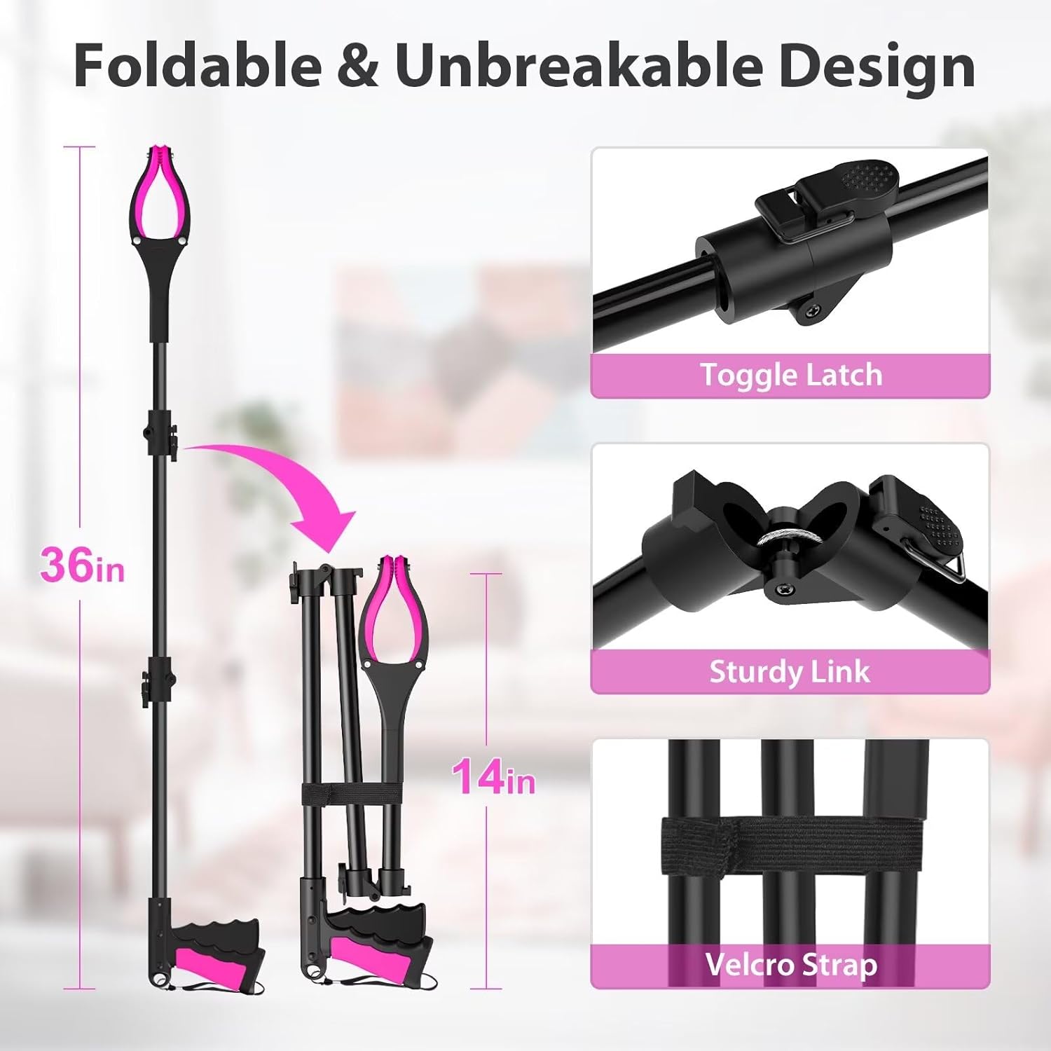 36" Grabber Reacher Tool, Foldable Reacher Grabber Pickup Tool with 360° Rotating Jaw & Two Magnets, Extra Long Trash