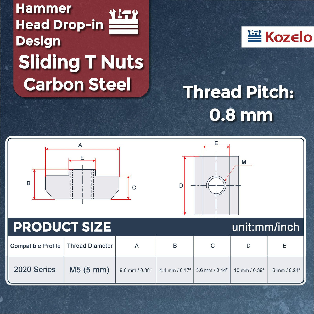 Kozelo 80Pcs Sliding t Nuts M5-0.8 2020 Series Hammer Nuts Silver