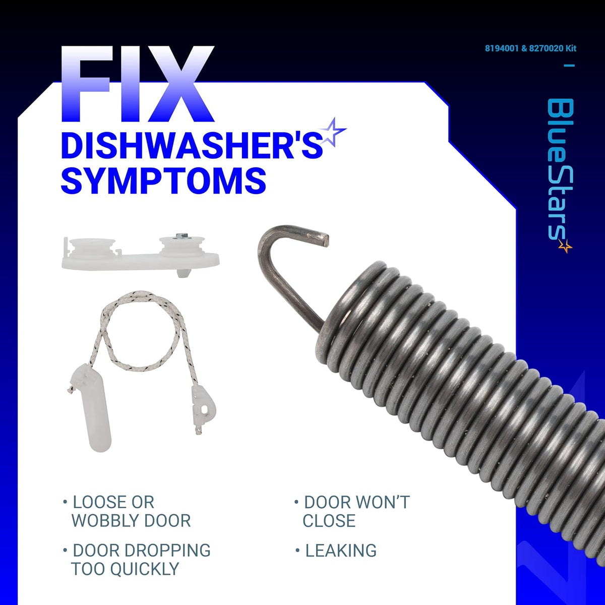 WP8270020 Dishwasher Door Spring Replacement for Whirlpool, Kenmore, KitchenAid, Maytag - Replaces 8194001VP, AP3775412, W10158291, PS972325, AH972325