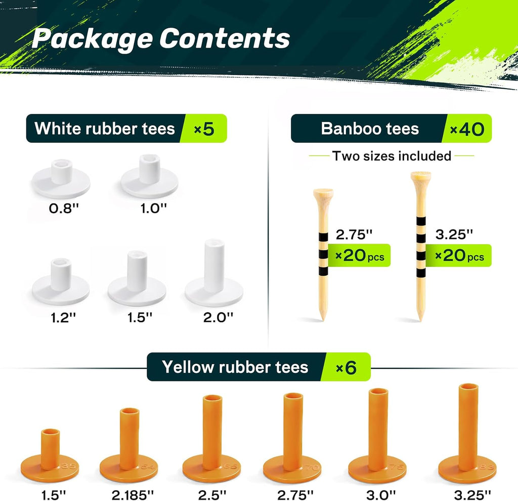 Golf Mat Tee Set, 5/11 Pack Rubber Tees with 40 Pack Bamboo Golf Tees for Practice Mats, Driving Range & Golf Simulator
