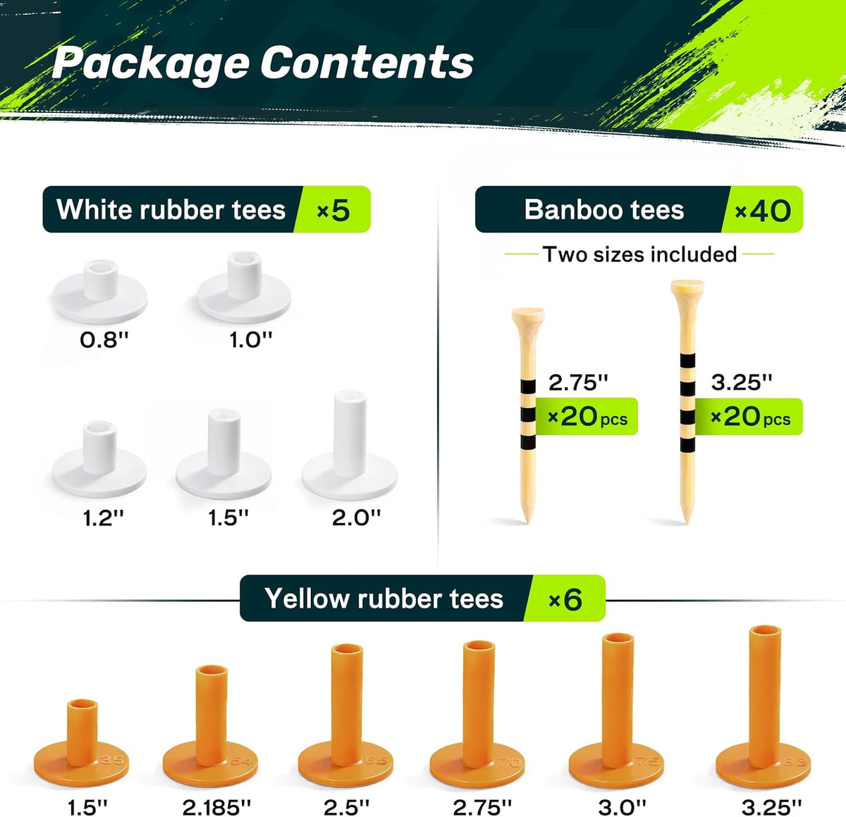 Golf Mat Tee Set, 5/11 Pack Rubber Tees with 40 Pack Bamboo Golf Tees for Practice Mats, Driving Range & Golf Simulator