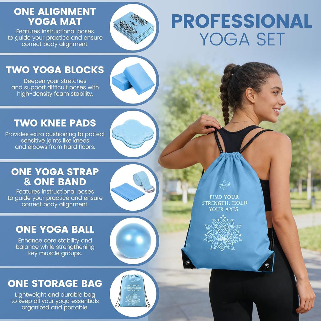Foldable Yoga Mat and Blocks Set for Women with 2 Pack Yoga Blocks and Strap,Thin Non Slip Pilates Mat with Bag, Home