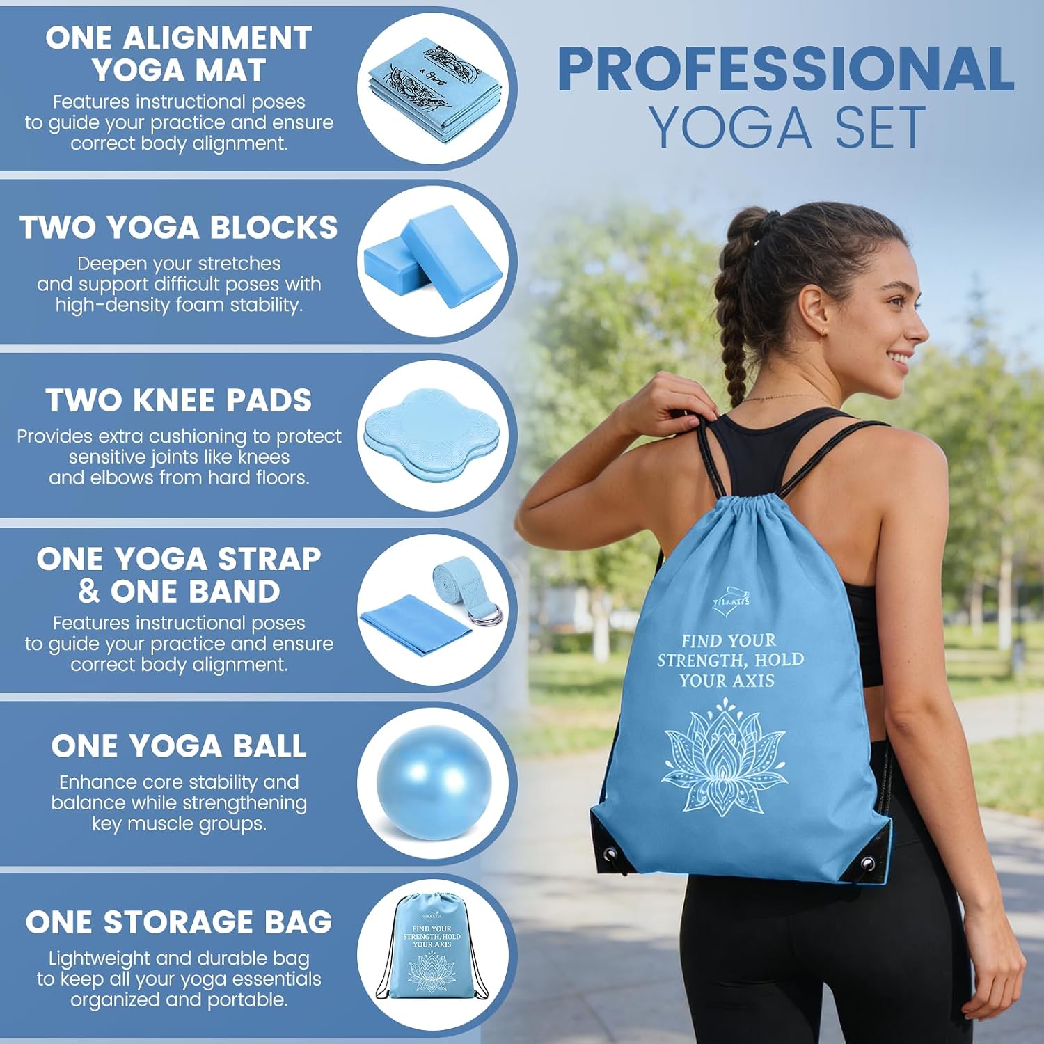 Foldable Yoga Mat and Blocks Set for Women with 2 Pack Yoga Blocks and Strap,Thin Non Slip Pilates Mat with Bag, Home