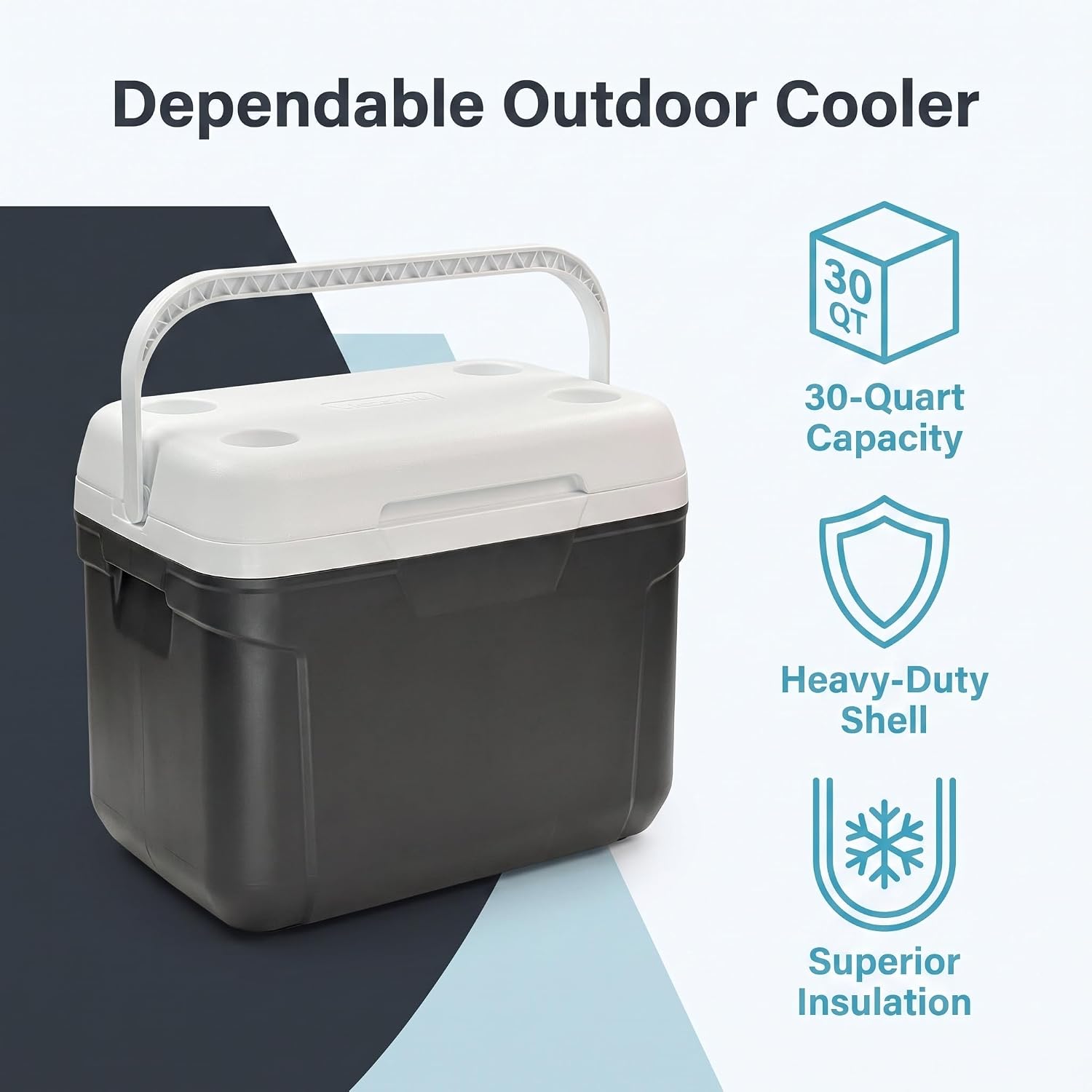Large 30 Quart Hard-Sided Cooler, 42-Can Capacity, Rugged Outdoor Ice Chest for Camping, Fishing, Tailgating, Beach