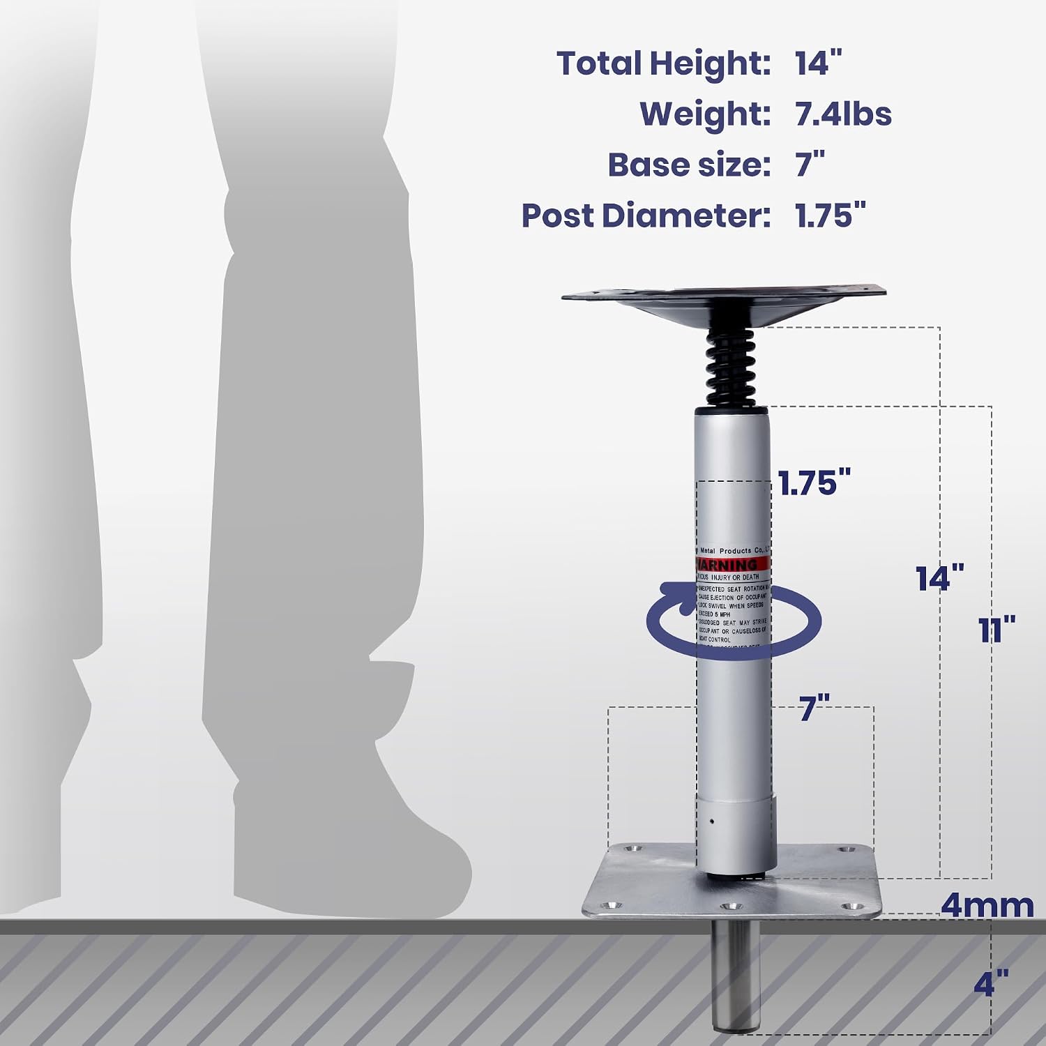 Boat Seat Pedestal Base Mount Kit,Package with 11″ Height Lock in 3/4" Boat Seat Pin Post & 7" x 7" Stainless Steel