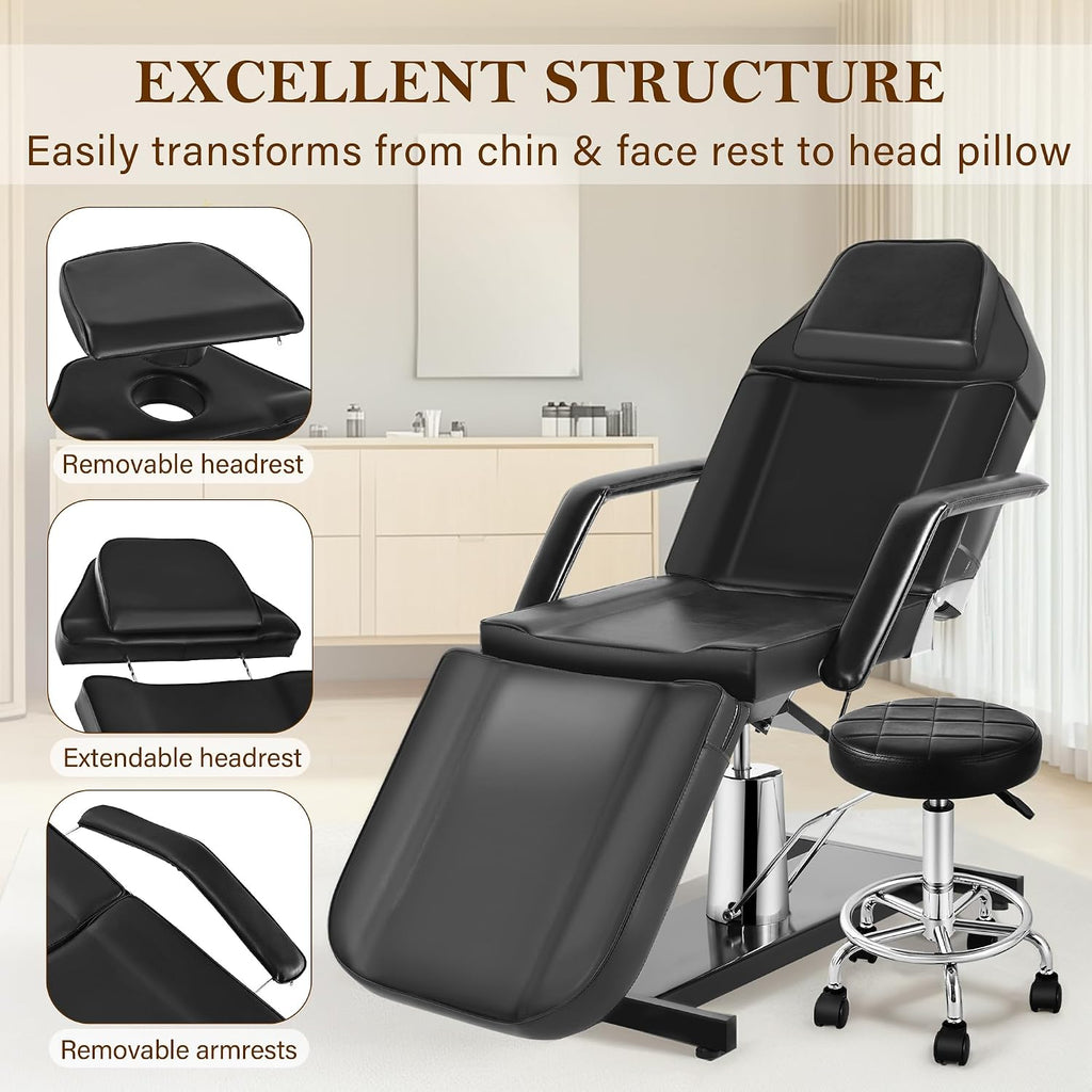 Facial Tattoo Chair, Hydraulic Esthetician Bed with Rolling Stool, Extended Head Spa Tattoo Artist Massage Table 360°