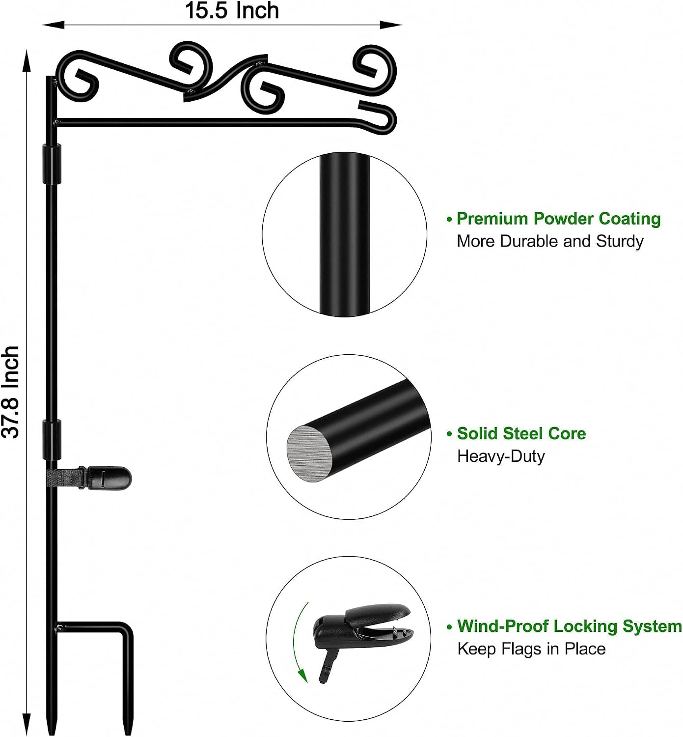 Garden Flag Stand, Premium Garden Flag Pole Holder Black Metal Powder-Coated Weather-Proof Paint, 37.8"H x 15.5"W For