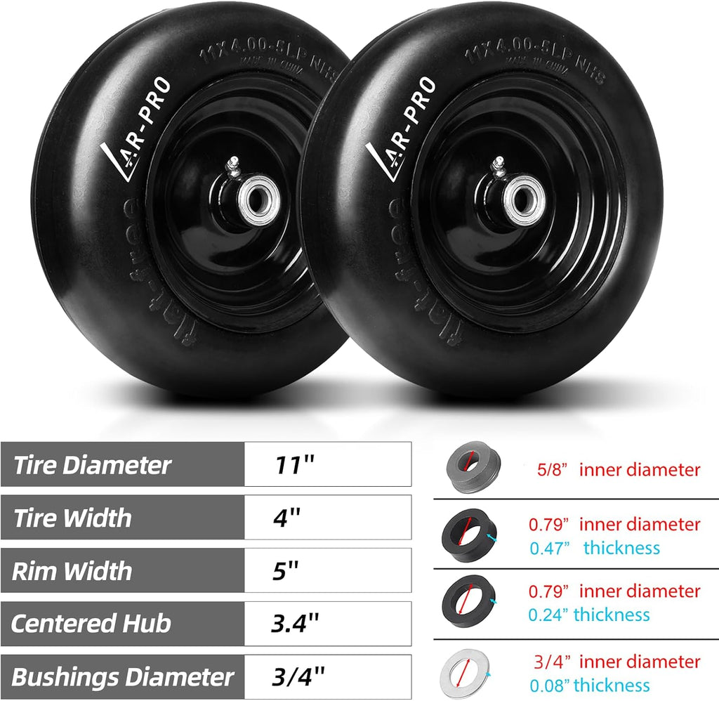 (2-Pack) 11x4.00-5 Flat Free Tire and Wheel, Universal 11x4-5 Solid Smooth Tractor Turf Tire with Rim, 3.4" Centered