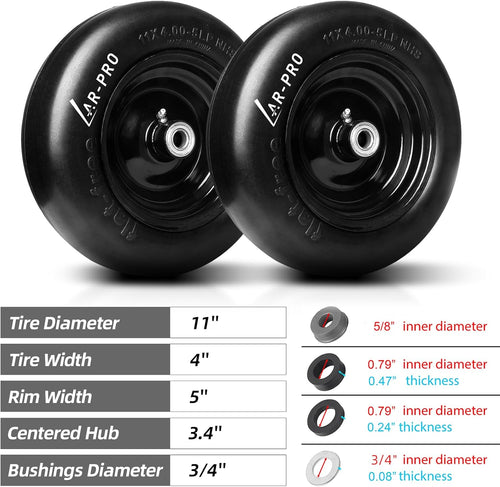 (2-Pack) 11x4.00-5 Flat Free Tire and Wheel, Universal 11x4-5 Solid Smooth Tractor Turf Tire with Rim, 3.4" Centered