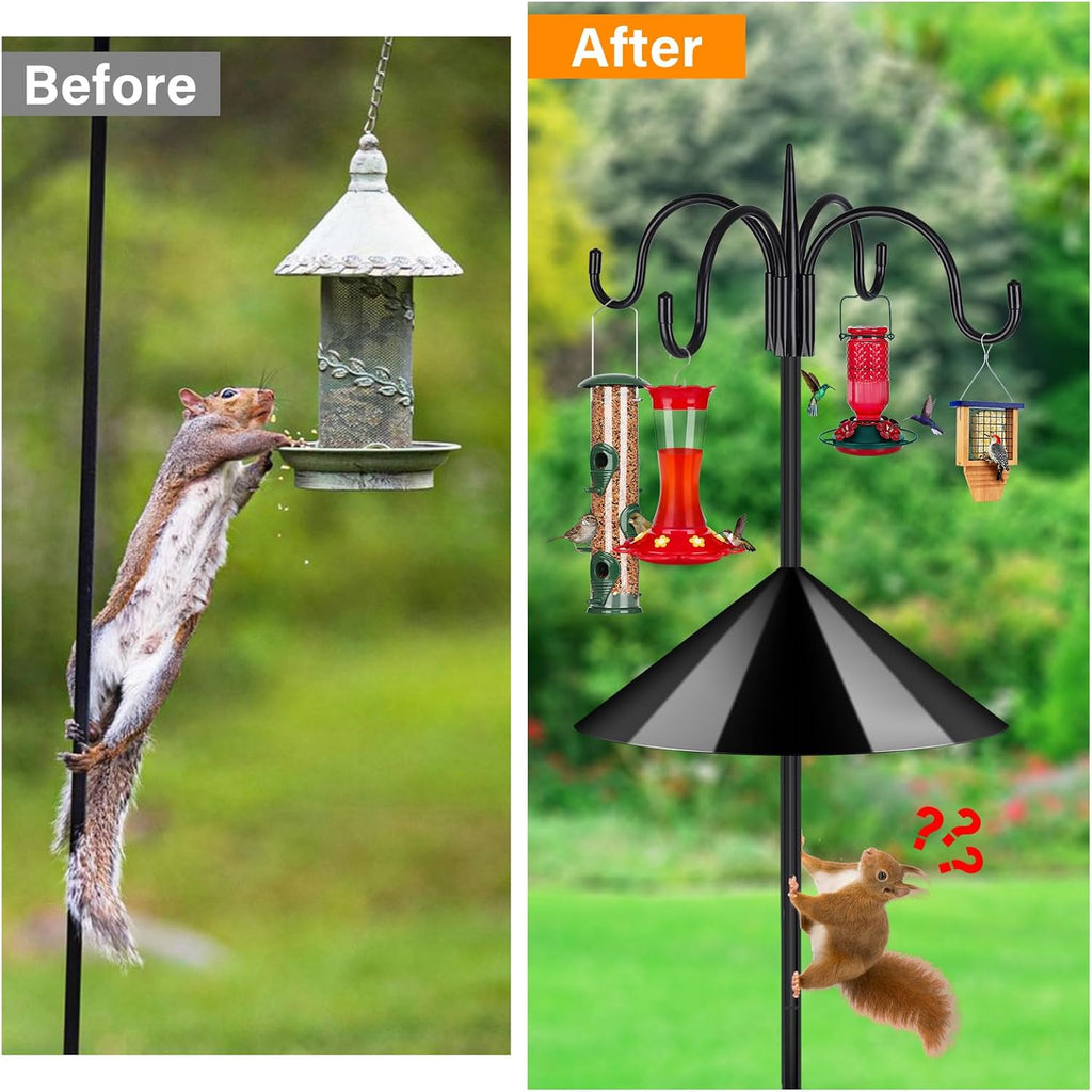 Heavy Duty Shepherds Hook Squirrel-Proof Bird Feeder Pole 92" Four Hooks 5-Prong Base & 19" Baffle for Outdoor