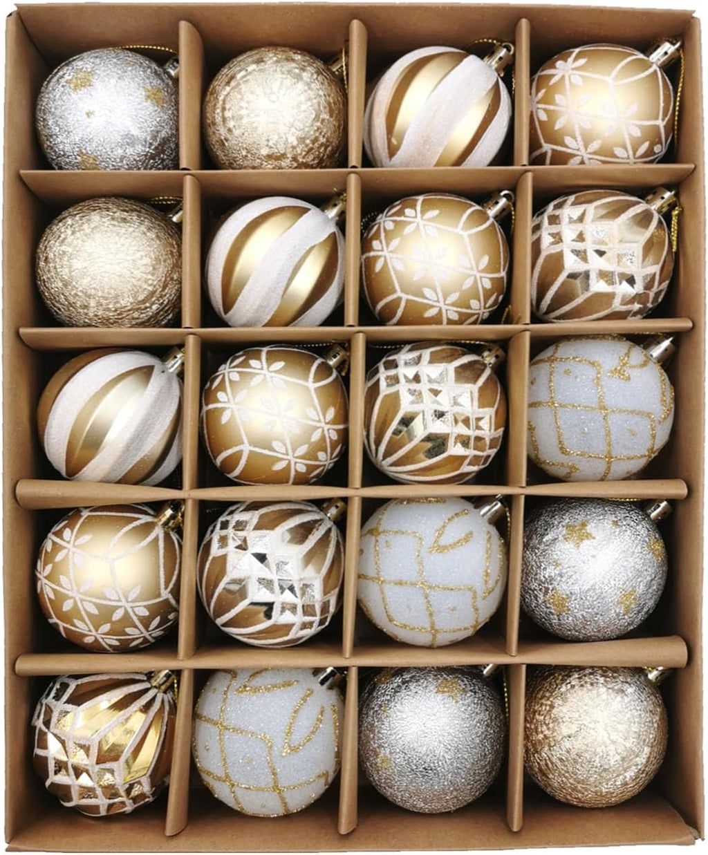 Christmas Ball Ornaments Set, 20ct 60mm Elegant White and Gold Assorted Christmas Tree Decorations, Shatterproof