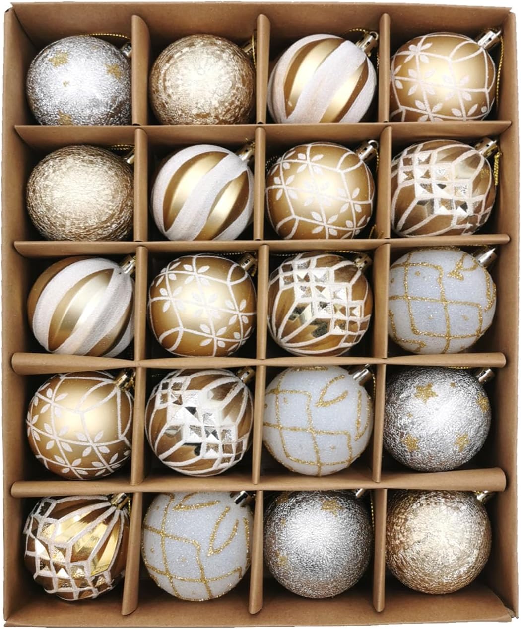 Christmas Ball Ornaments Set, 20ct 60mm Elegant White and Gold Assorted Christmas Tree Decorations, Shatterproof