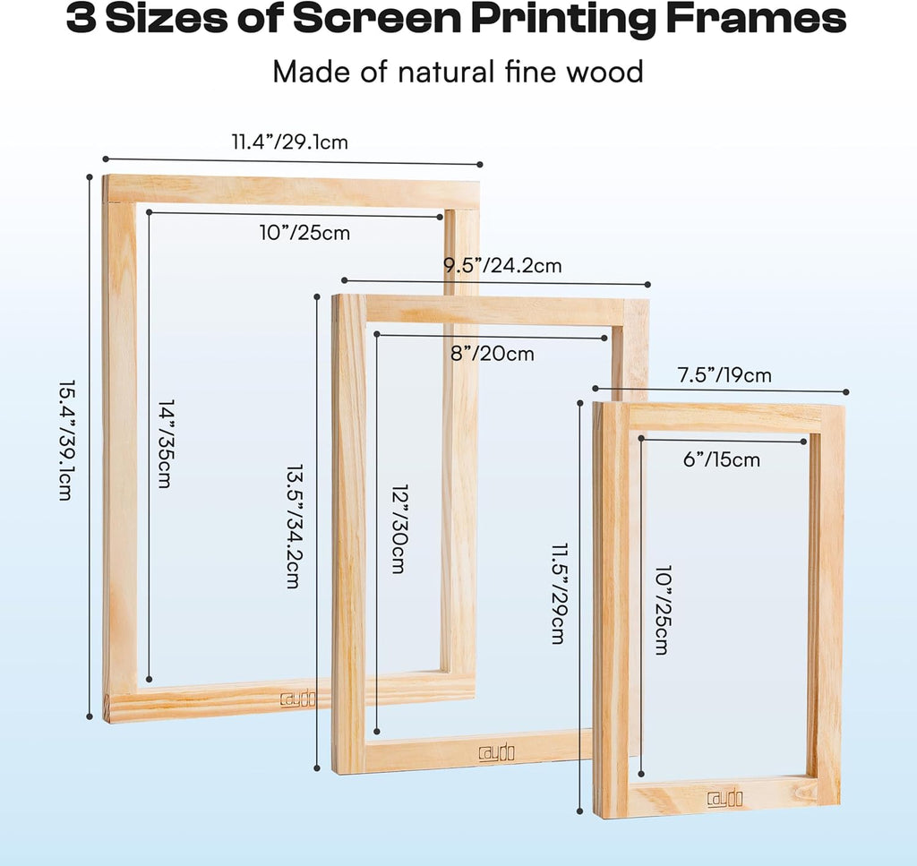 57 Pieces All-in-One Screen Printing Kit with 3 Sizes Wood Screen Printing Frames, 15 A4 Size Inkjet Transparency