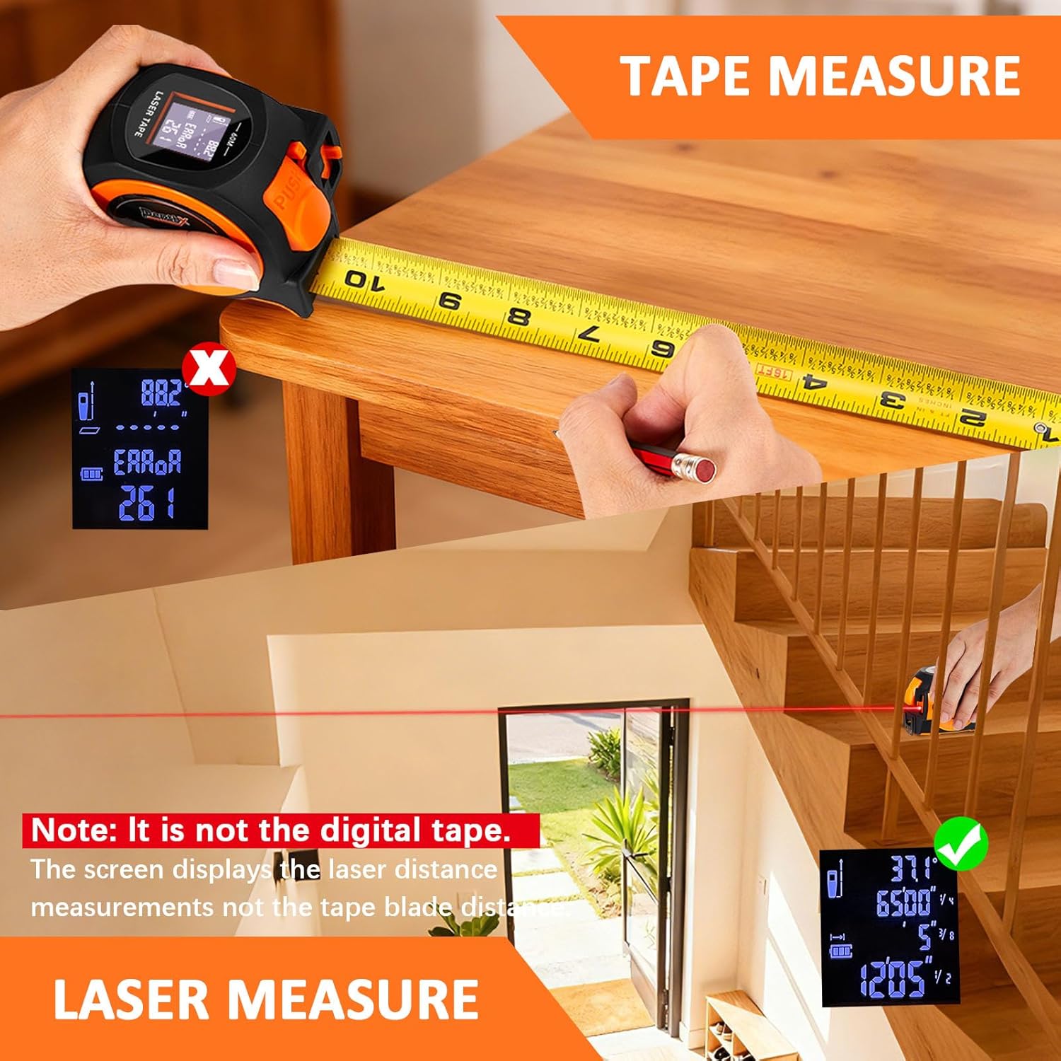 3-in-1 Laser Tape Measure, 197ft Laser Distance Meter, 16ft Digital Tape Measure, Digital Level