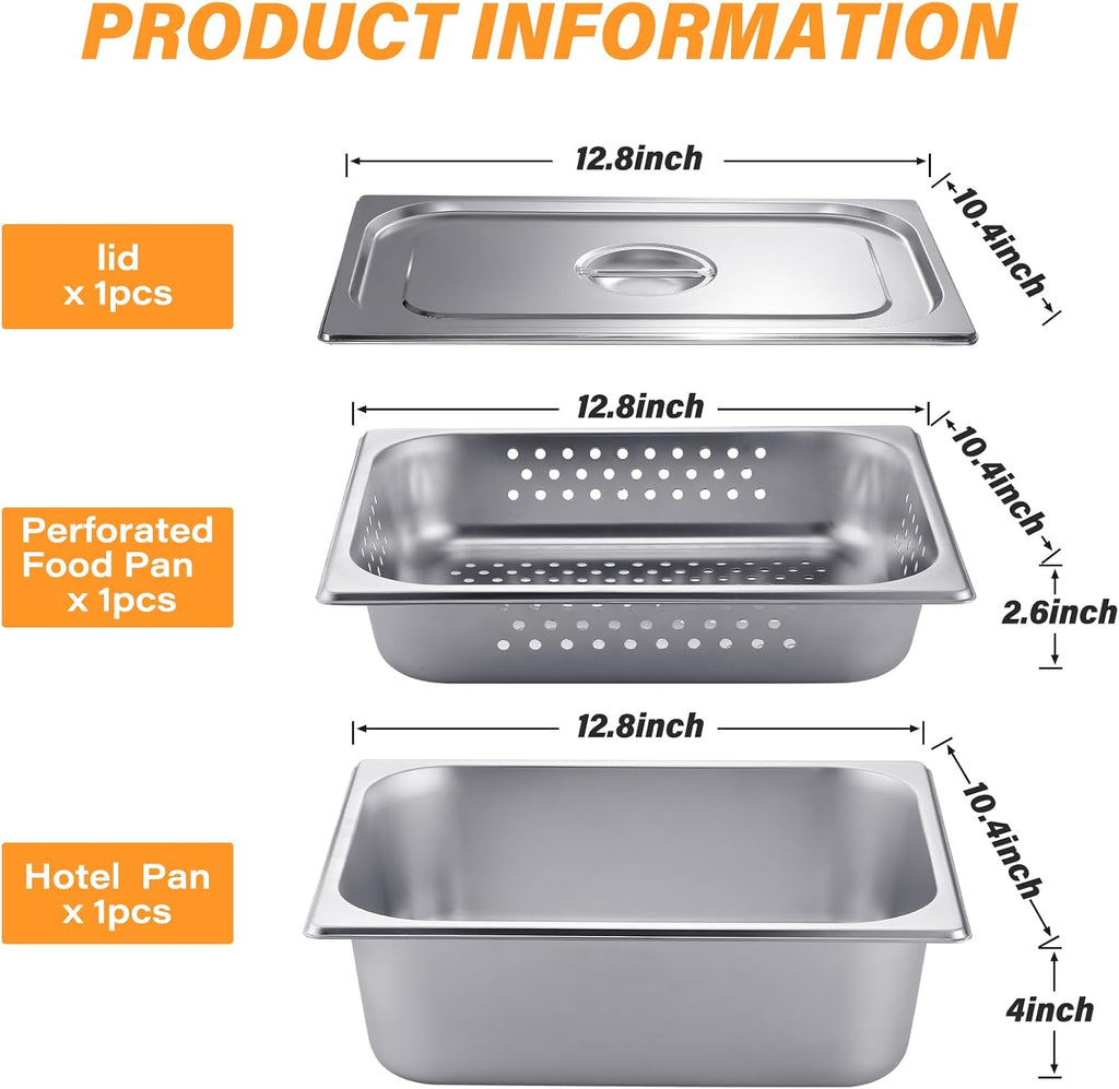 3 Pack Half Size Hotel Pan with Lid, 2.6 Inch,4 Inch