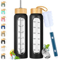 32 oz Glass Water Bottle with Straw - Motivational Time Marker & Silicone Sleeve - Reusable Tumbler Includes 2 Bamboo