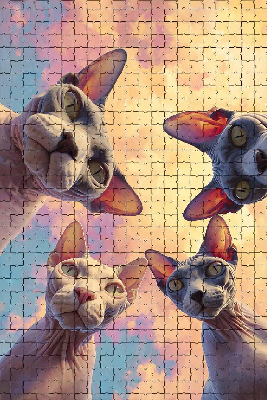 1000 Piece Puzzle for Adults Curious Sphynx Cats from Above A Challenging and Quirky, Dreamy Jigsaw Game for Cat