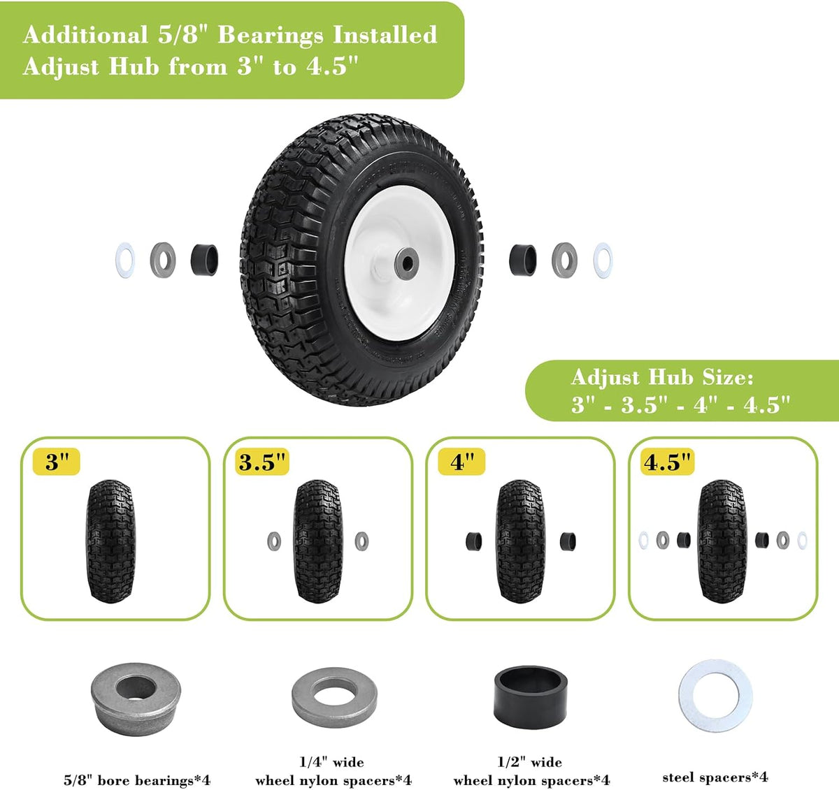 (2 Pack) 13x5.00-6 Pneumatic Tire and Wheel Replacement | 13 Inch Lawn Mower Tire with 3/4" & 5/8" Bushing for Riding