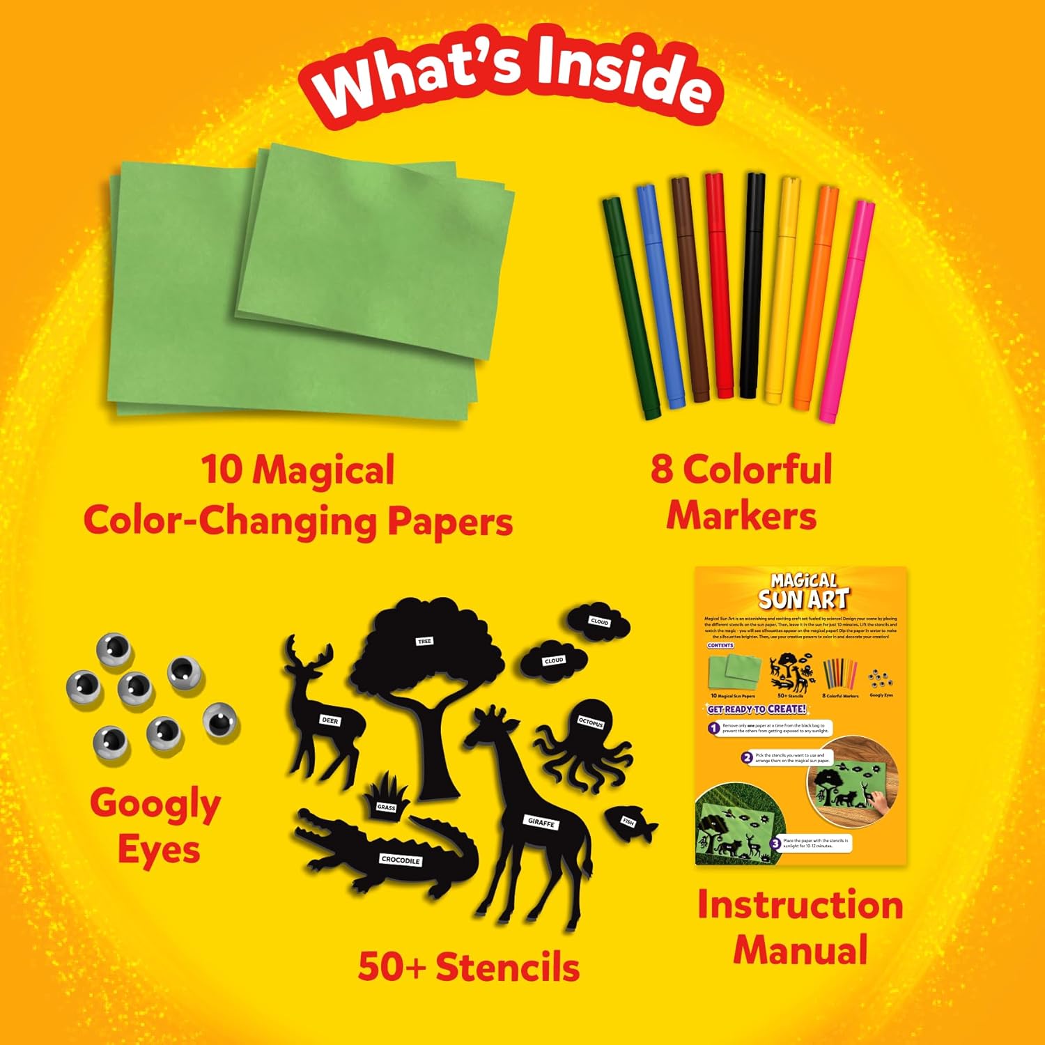 Sun Paper Art Kit - STEM Craft Kit for Kids with Decorative Paper, Stencils & Markers, Create with Sunlight